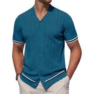 Alimens & Gentle Men’s Short Sleeve Button Down Shirts Knit Casual Shirts for Men Vintage Cuban Shirt Striped Knitted(Dark Blue)