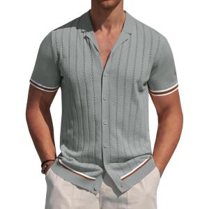 Alimens & Gentle Men’s Short Sleeve Button Down Shirts Knit Casual Shirts for Men Vintage Cuban Shirt Striped Knitted(Grey)