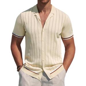 Alimens & Gentle Men’s Short Sleeve Button Down Shirts Knit Casual Shirts for Men Vintage Cuban Shirt Striped Knitted(Khaki)