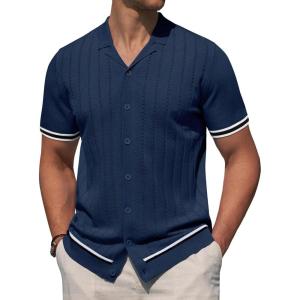 Alimens & Gentle Men’s Short Sleeve Button Down Shirts Knit Casual Shirts for Men Vintage Cuban Shirt Striped Knitted(Navy Blue)