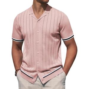 Alimens & Gentle Men’s Short Sleeve Button Down Shirts Knit Casual Shirts for Men Vintage Cuban Shirt Striped Knitted(Pink)