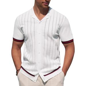 Alimens & Gentle Men’s Short Sleeve Button Down Shirts Knit Casual Shirts for Men Vintage Cuban Shirt Striped Knitted(White)