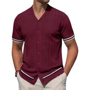 Alimens & Gentle Men’s Short Sleeve Button Down Shirts Knit Casual Shirts for Men Vintage Cuban Shirt Striped Knitted(Wine Red)