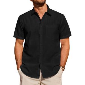 Alimens & Gentle Mens Short Sleeve Cotton Linen Texture Shirt Casual Untucked Button Down Lightweight Shirts Summer Beach(Black)