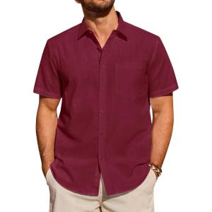 Alimens & Gentle Mens Short Sleeve Cotton Linen Texture Shirt Casual Untucked Button Down Lightweight Shirts Summer Beach(Burgundy)