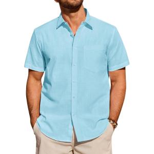 Alimens & Gentle Mens Short Sleeve Cotton Linen Texture Shirt Casual Untucked Button Down Lightweight Shirts Summer Beach(Fluorescent Blue)
