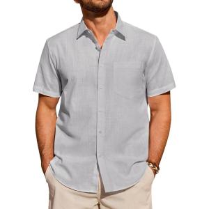 Alimens & Gentle Mens Short Sleeve Cotton Linen Texture Shirt Casual Untucked Button Down Lightweight Shirts Summer Beach(Light Grey)