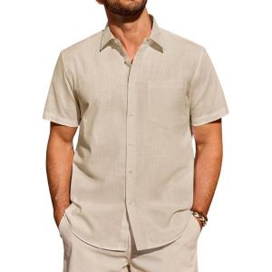 Alimens & Gentle Mens Short Sleeve Cotton Linen Texture Shirt Casual Untucked Button Down Lightweight Shirts Summer Beach(Light Khaki)