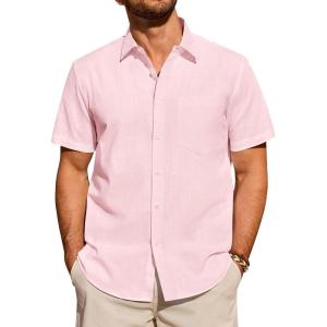 Alimens & Gentle Mens Short Sleeve Cotton Linen Texture Shirt Casual Untucked Button Down Lightweight Shirts Summer Beach(Light Pink)