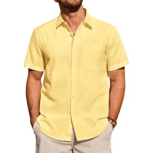 Alimens & Gentle Mens Short Sleeve Cotton Linen Texture Shirt Casual Untucked Button Down Lightweight Shirts Summer Beach(Light Yellow)
