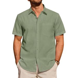 Alimens & Gentle Mens Short Sleeve Cotton Linen Texture Shirt Casual Untucked Button Down Lightweight Shirts Summer Beach(Olive Green)