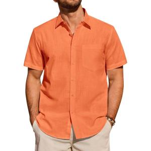 Alimens & Gentle Mens Short Sleeve Cotton Linen Texture Shirt Casual Untucked Button Down Lightweight Shirts Summer Beach(Orange)