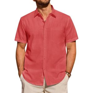 Alimens & Gentle Mens Short Sleeve Cotton Linen Texture Shirt Casual Untucked Button Down Lightweight Shirts Summer Beach(Red)