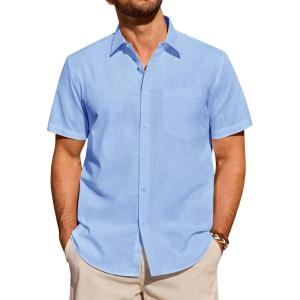 Alimens & Gentle Mens Short Sleeve Cotton Linen Texture Shirt Casual Untucked Button Down Lightweight Shirts Summer Beach(Sky Blue)