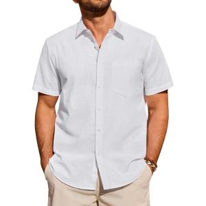 Alimens & Gentle Mens Short Sleeve Cotton Linen Texture Shirt Casual Untucked Button Down Lightweight Shirts Summer Beach(White)