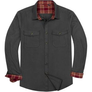 Alimens & Gentle Men’s Solid Flannel Shirt Work Long Sleeve Casual Button Down Shirts Outdoor Cotton Warm Shacket(Dark Grey)