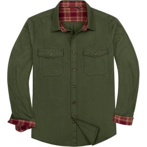 Alimens & Gentle Men’s Solid Flannel Shirt Work Long Sleeve Casual Button Down Shirts Outdoor Cotton Warm Shacket(Green Army)