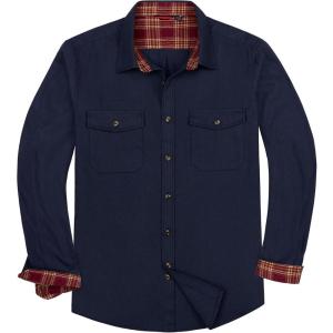 Alimens & Gentle Men’s Solid Flannel Shirt Work Long Sleeve Casual Button Down Shirts Outdoor Cotton Warm Shacket(Navy Blue)