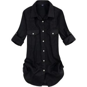 Alimens & Gentle Womens Flannel Shirt Long Sleeve Plaid Shacket Soft Casual Collared Loose Button Down Roll Up Blouses Tops(Black)