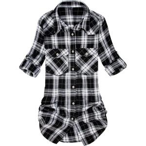Alimens & Gentle Womens Flannel Shirt Long Sleeve Plaid Shacket Soft Casual Collared Loose Button Down Roll Up Blouses Tops(Black White)