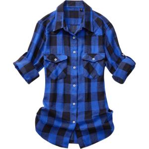 Alimens & Gentle Womens Flannel Shirt Long Sleeve Plaid Shacket Soft Casual Collared Loose Button Down Roll Up Blouses Tops(Blue Black)