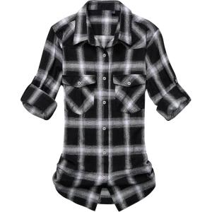 Alimens & Gentle Womens Flannel Shirt Long Sleeve Plaid Shacket Soft Casual Collared Loose Button Down Roll Up Blouses Tops(Dark Black & White)