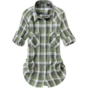 Alimens & Gentle Womens Flannel Shirt Long Sleeve Plaid Shacket Soft Casual Collared Loose Button Down Roll Up Blouses Tops(Green)