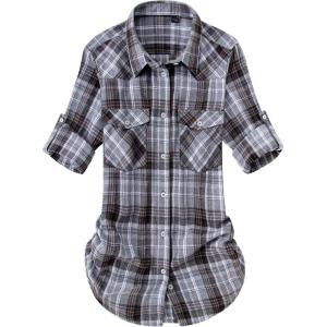 Alimens & Gentle Womens Flannel Shirt Long Sleeve Plaid Shacket Soft Casual Collared Loose Button Down Roll Up Blouses Tops(Light Grey)