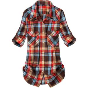 Alimens & Gentle Womens Flannel Shirt Long Sleeve Plaid Shacket Soft Casual Collared Loose Button Down Roll Up Blouses Tops(Multicoloured)