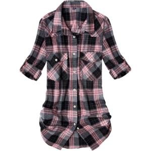 Alimens & Gentle Womens Flannel Shirt Long Sleeve Plaid Shacket Soft Casual Collared Loose Button Down Roll Up Blouses Tops(Pink Grey)