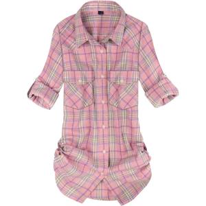 Alimens & Gentle Womens Flannel Shirt Long Sleeve Plaid Shacket Soft Casual Collared Loose Button Down Roll Up Blouses Tops(Pink Purple)