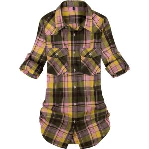 Alimens & Gentle Womens Flannel Shirt Long Sleeve Plaid Shacket Soft Casual Collared Loose Button Down Roll Up Blouses Tops(Pink Yellow)