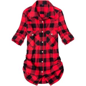Alimens & Gentle Womens Flannel Shirt Long Sleeve Plaid Shacket Soft Casual Collared Loose Button Down Roll Up Blouses Tops(Red Black)