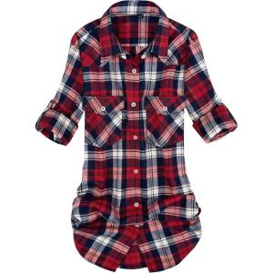 Alimens & Gentle Womens Flannel Shirt Long Sleeve Plaid Shacket Soft Casual Collared Loose Button Down Roll Up Blouses Tops(Red Blue)