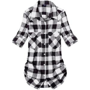 Alimens & Gentle Womens Flannel Shirt Long Sleeve Plaid Shacket Soft Casual Collared Loose Button Down Roll Up Blouses Tops(White)