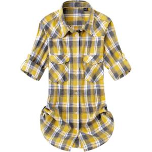 Alimens & Gentle Womens Flannel Shirt Long Sleeve Plaid Shacket Soft Casual Collared Loose Button Down Roll Up Blouses Tops(Yellow Grey)