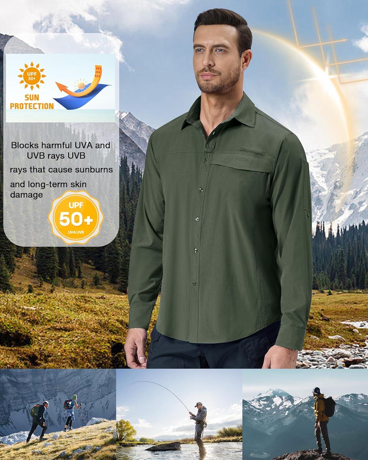 imageAlimens amp Gentle Mens Long Sleeve Hiking Shirts Quick Dry UPF 50 UV Sun Protection Fishing Shirt Cooling Button Down ShirtArmy Green