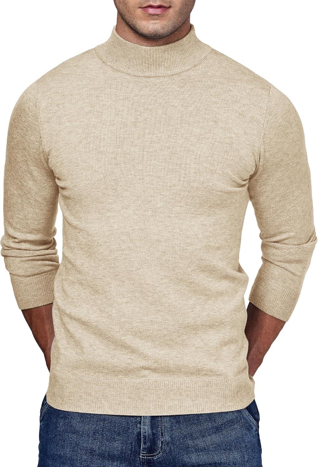 imageAlimens amp Gentle Mens Mock Turtleneck Long Sleeve Soft Lightweight Casual Slim Fit Pullover Stretch Knit TopLight Khaki