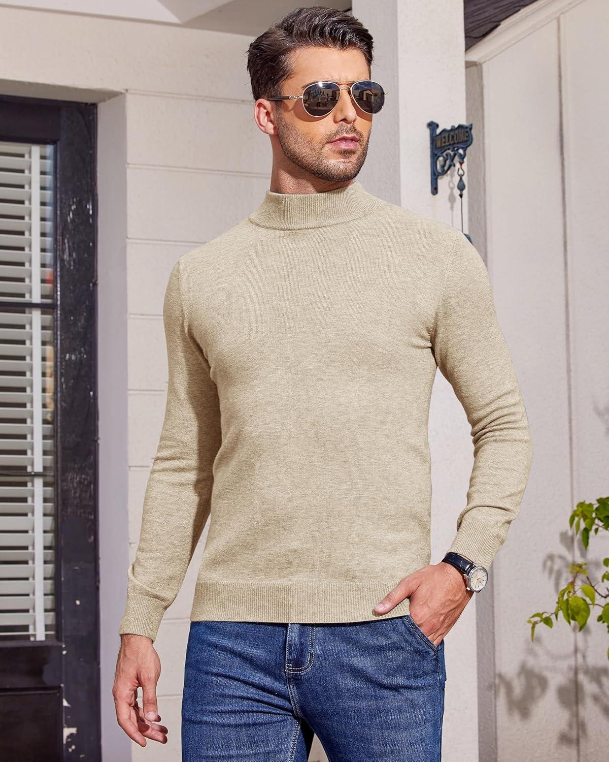 imageAlimens amp Gentle Mens Mock Turtleneck Long Sleeve Soft Lightweight Casual Slim Fit Pullover Stretch Knit TopLight Khaki