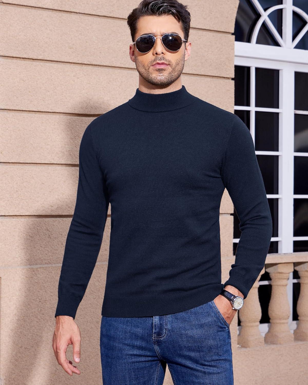 imageAlimens amp Gentle Mens Mock Turtleneck Long Sleeve Soft Lightweight Casual Slim Fit Pullover Stretch Knit TopNavy Blue