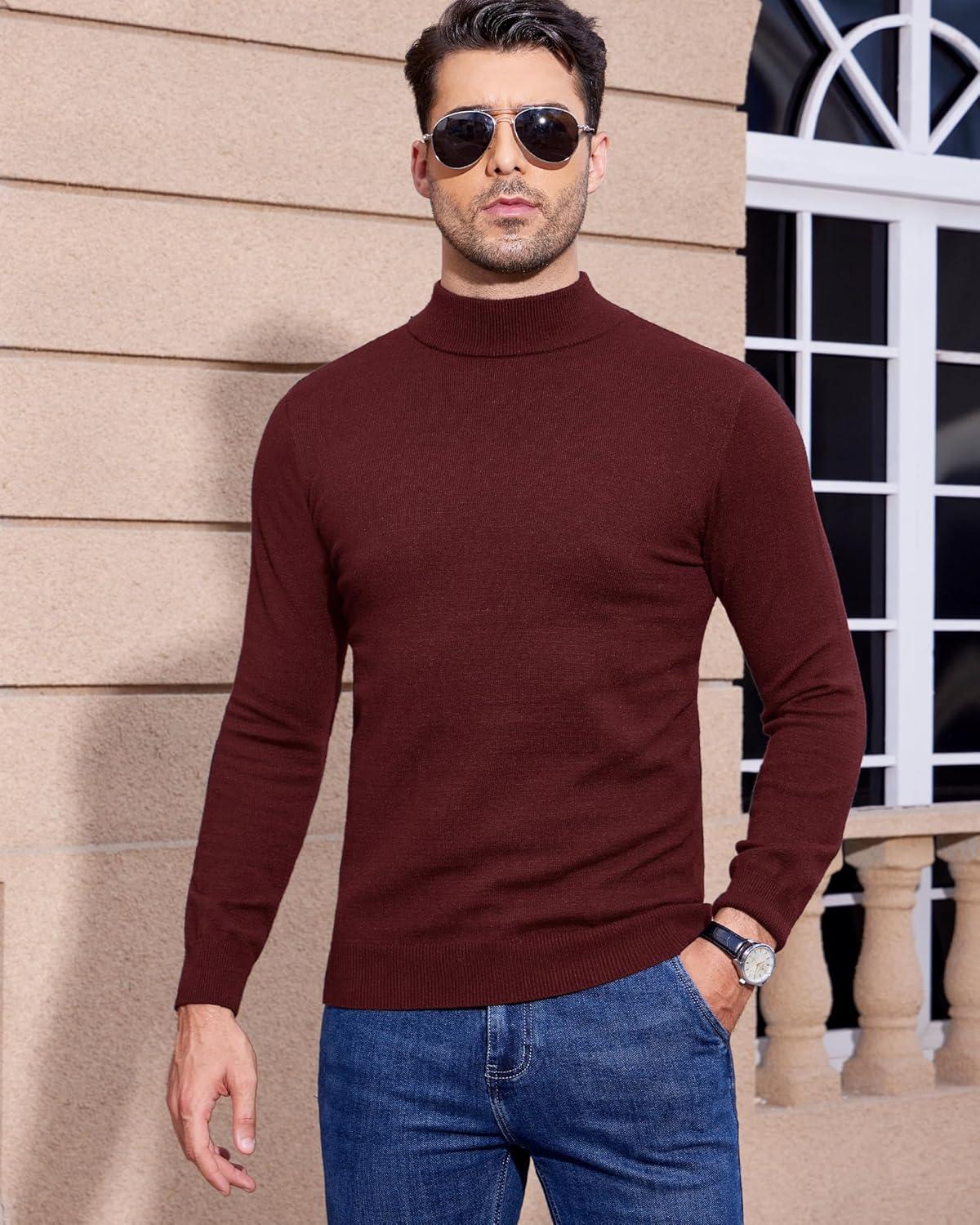 imageAlimens amp Gentle Mens Mock Turtleneck Long Sleeve Soft Lightweight Casual Slim Fit Pullover Stretch Knit TopWine Red