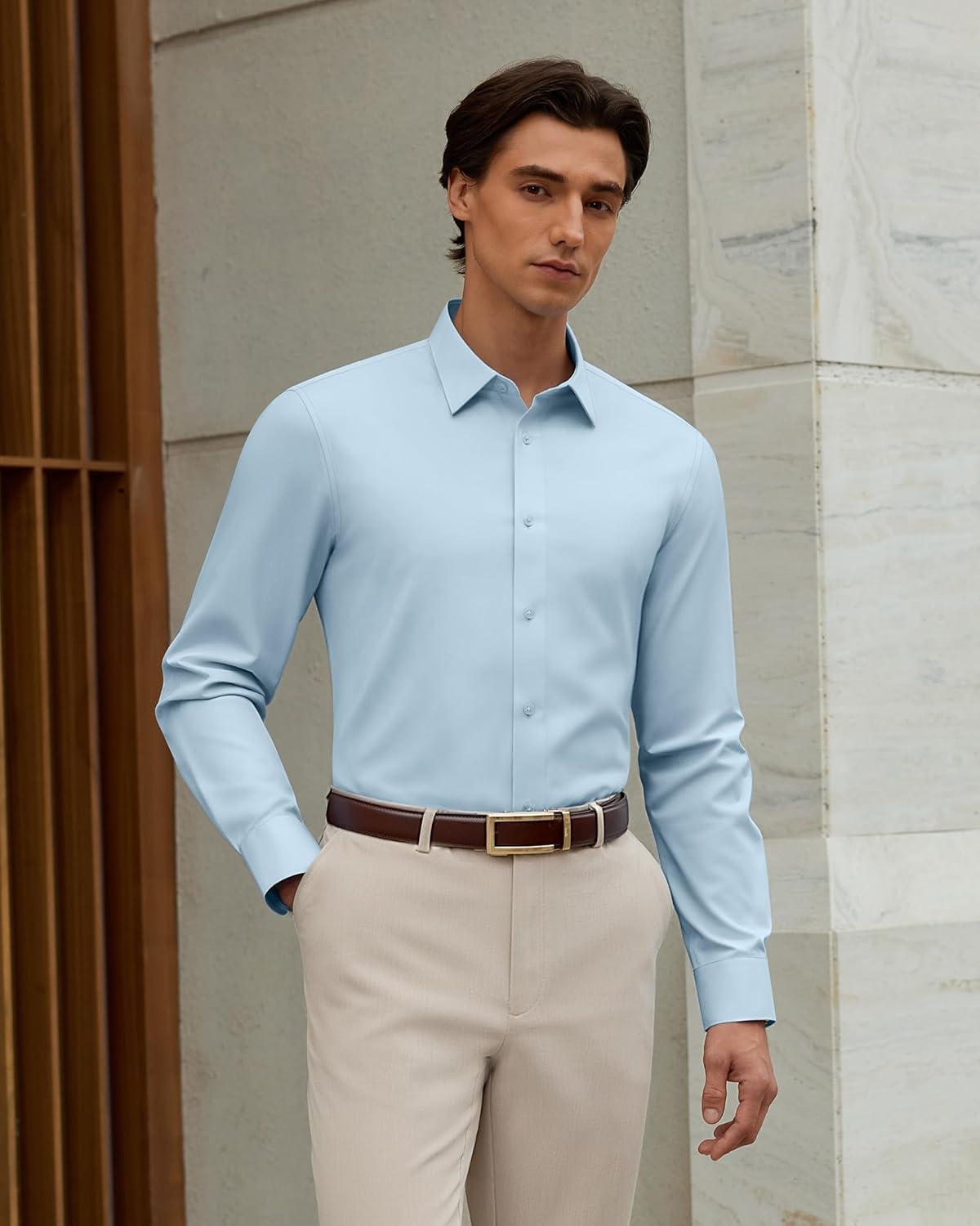 imageAlimens amp Gentle Mens Silk Wrinkle Free Dress Shirt Shiny Long Sleeve Stretch Button Down Shirts for Business CasualBlue