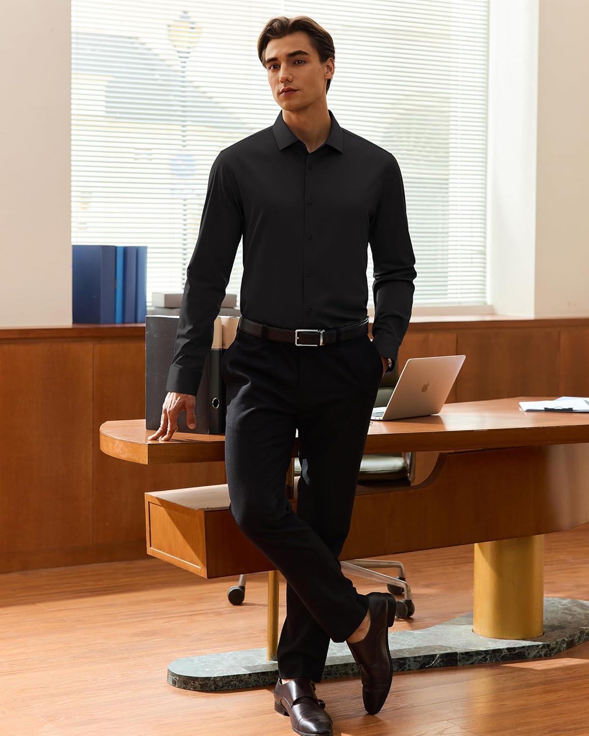 imageAlimens amp Gentle Mens Stain Shield Dress Shirt Long Sleeve Wrinkle Free Business Casual Button Down ShirtsBlack