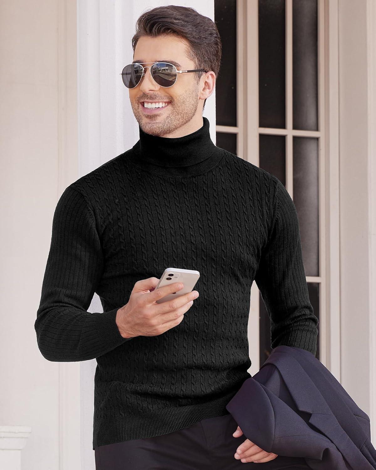 imageAlimens amp Gentle Mens Turtleneck Slim Fit Sweater Long Sleeve Cable Knitted Twisted Pullover Soft Casual Winter Tops for MenBlack