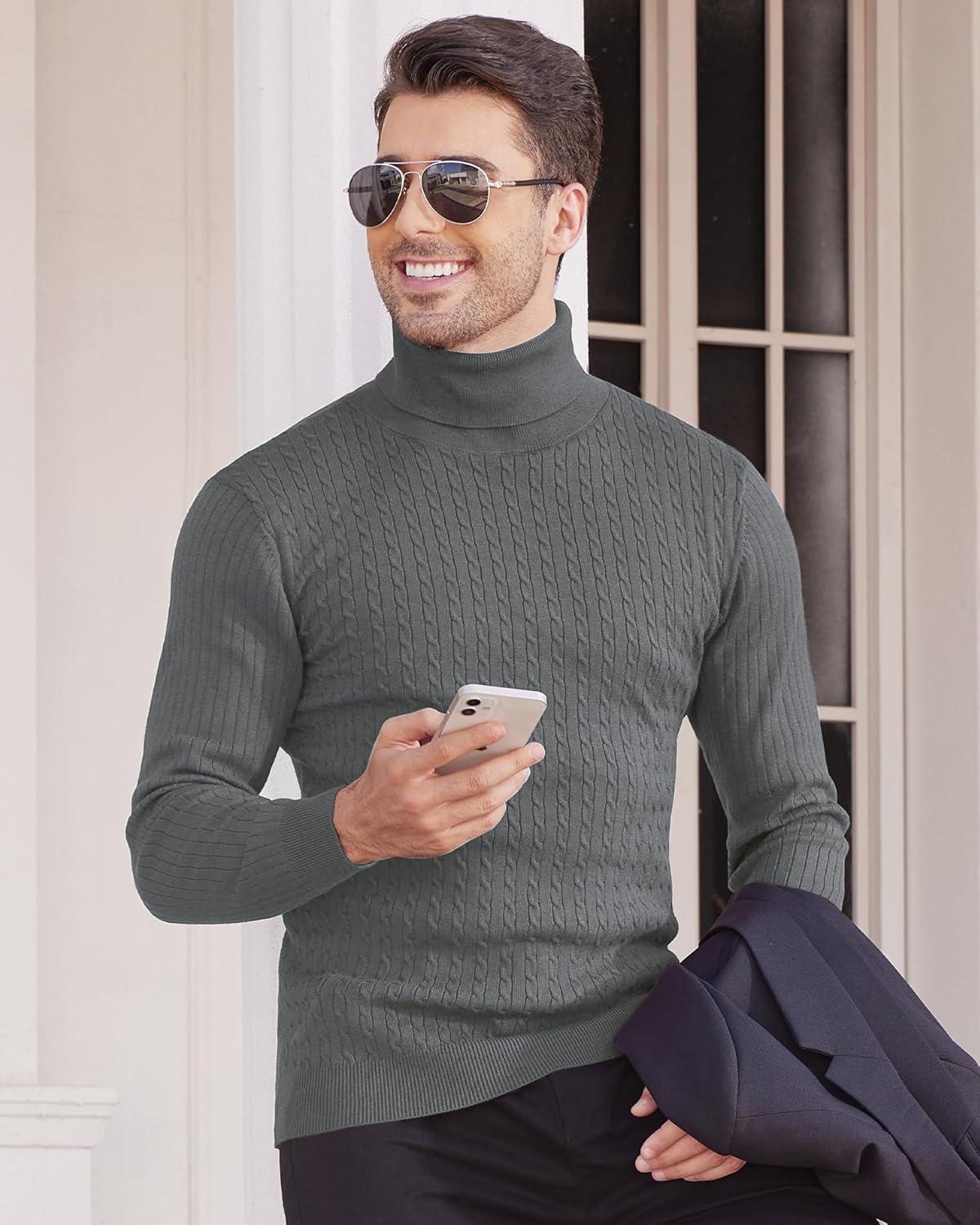 imageAlimens amp Gentle Mens Turtleneck Slim Fit Sweater Long Sleeve Cable Knitted Twisted Pullover Soft Casual Winter Tops for MenGrey