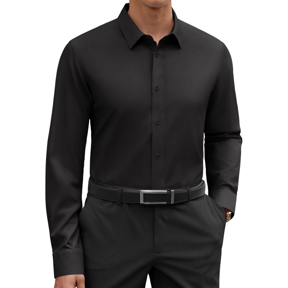 imageAlimens amp Gentle Cotton Mens Dress Shirt Moisture Wicking Long Sleeve Super Soft Business Casual Button Down ShirtsBlack