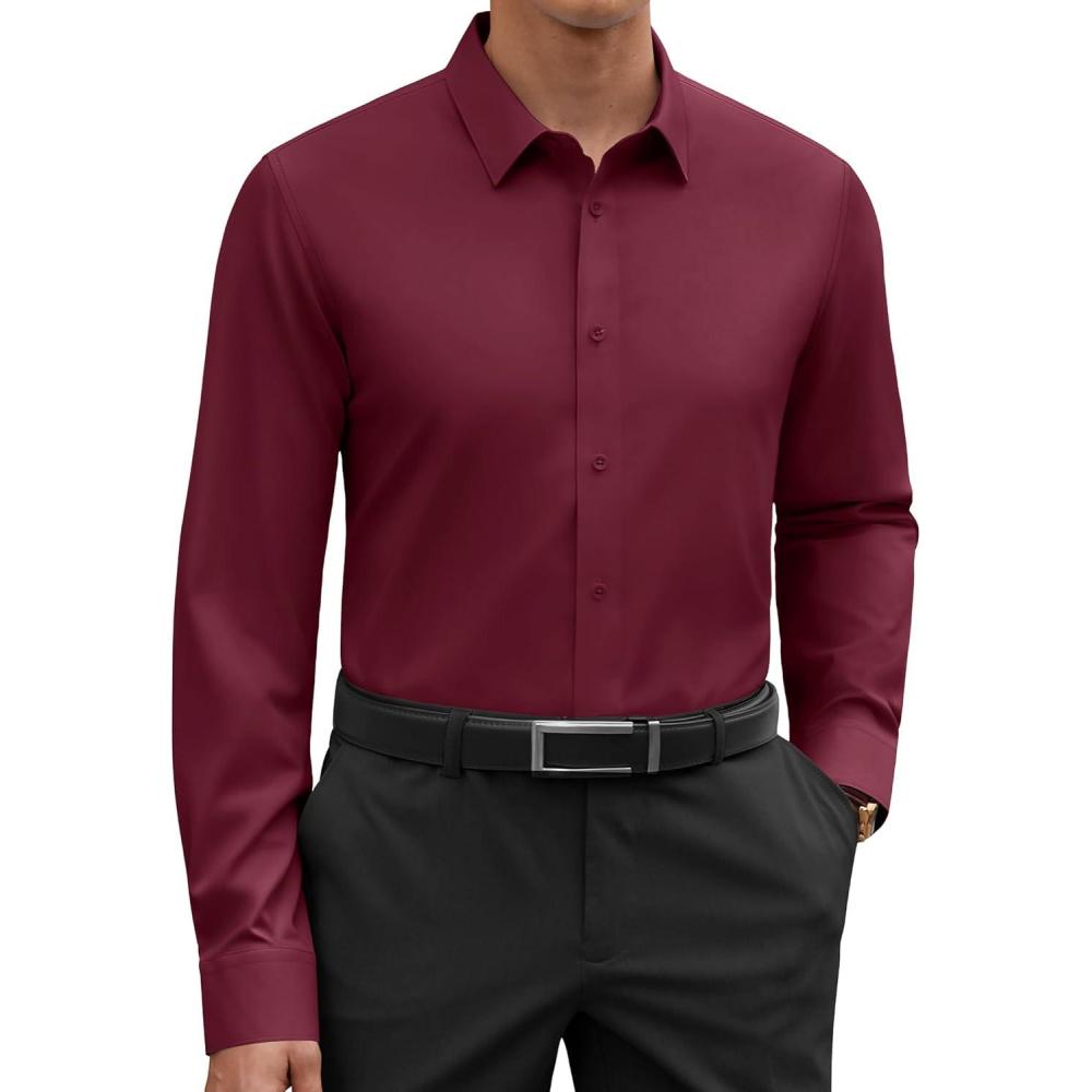 imageAlimens amp Gentle Cotton Mens Dress Shirt Moisture Wicking Long Sleeve Super Soft Business Casual Button Down ShirtsWine Red