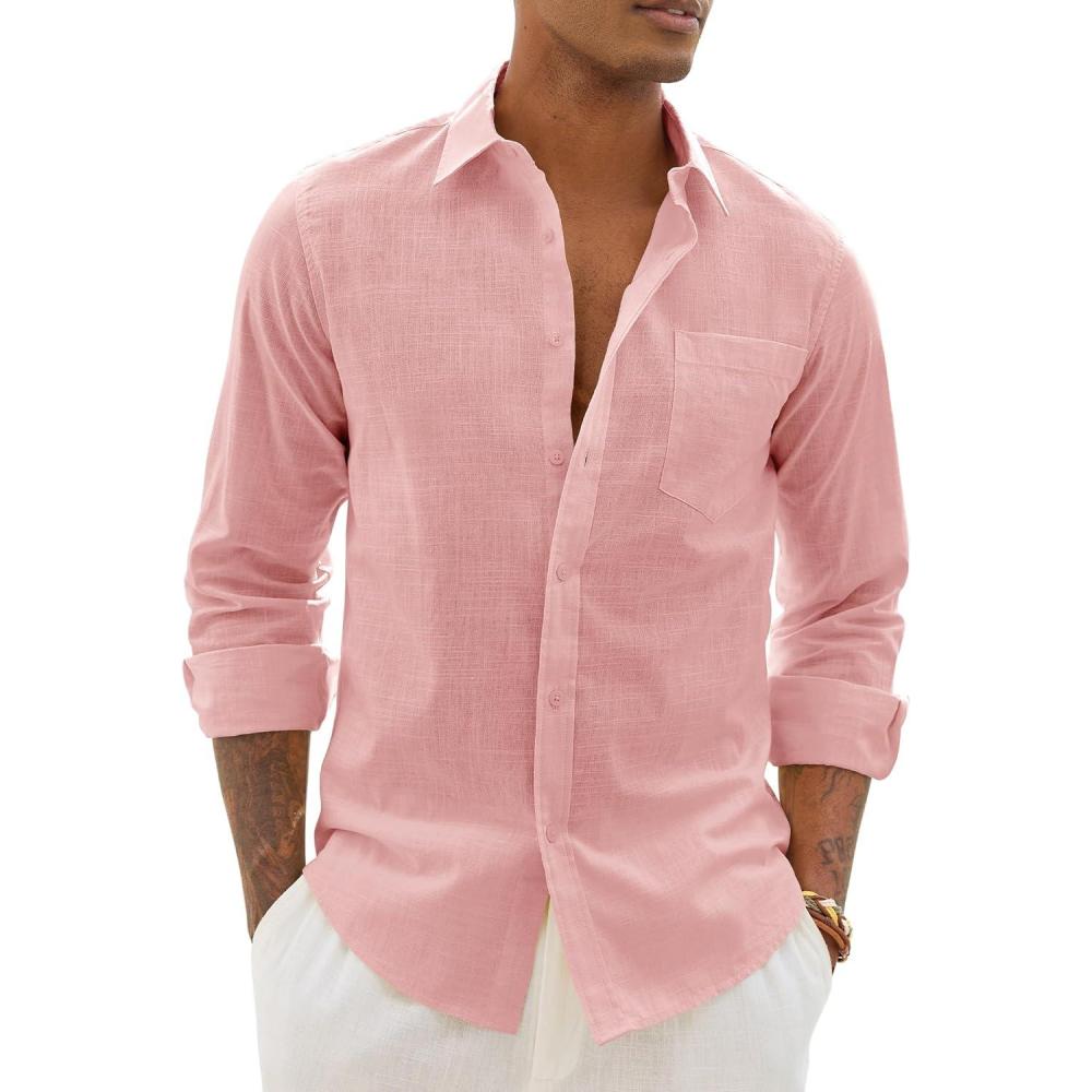 imageAlimens amp Gentle Linen Shirts for Men Long Sleeve Casual Cotton Button Down Shirts Summer Beach Wedding Tops with PocketGrey Pink