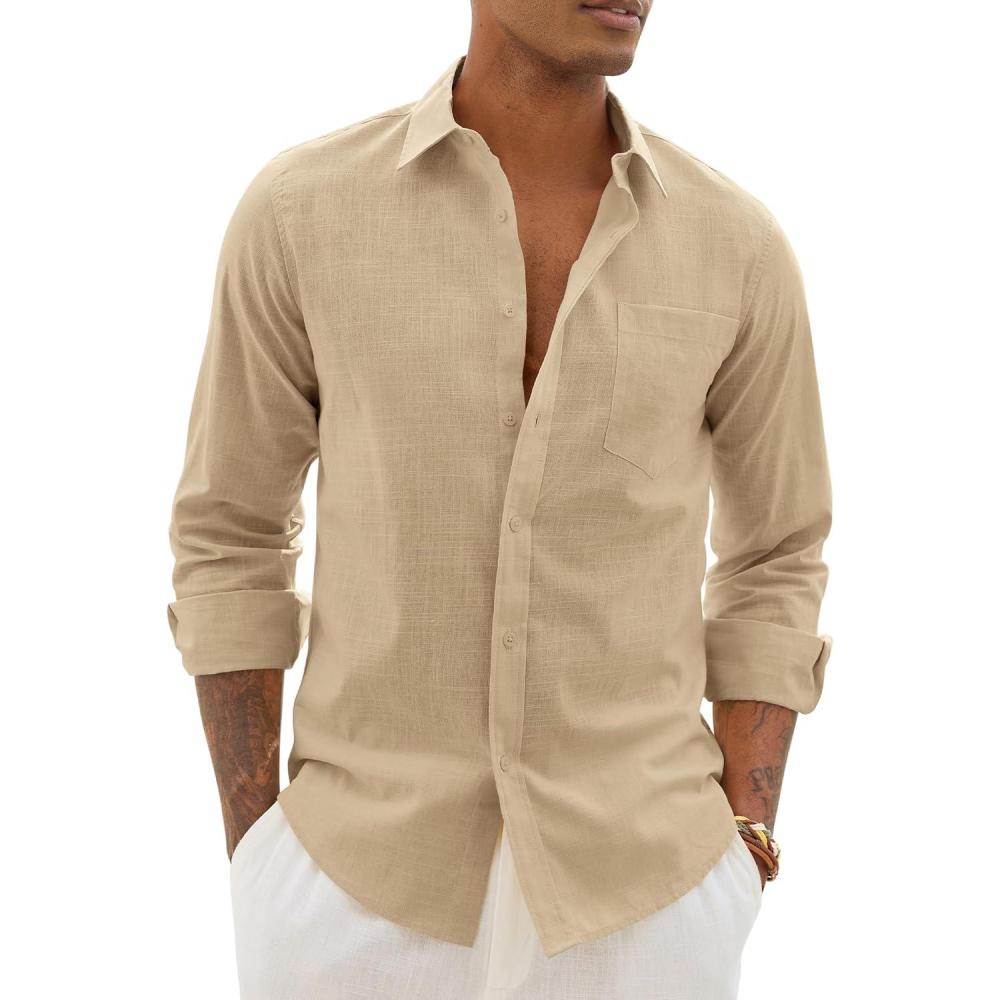 imageAlimens amp Gentle Linen Shirts for Men Long Sleeve Casual Cotton Button Down Shirts Summer Beach Wedding Tops with PocketKhaki