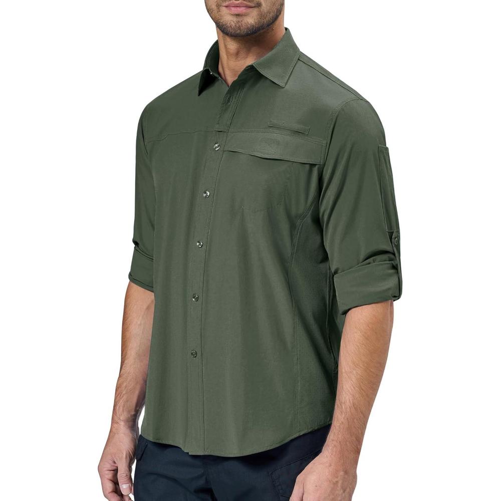 imageAlimens amp Gentle Mens Long Sleeve Hiking Shirts Quick Dry UPF 50 UV Sun Protection Fishing Shirt Cooling Button Down ShirtArmy Green